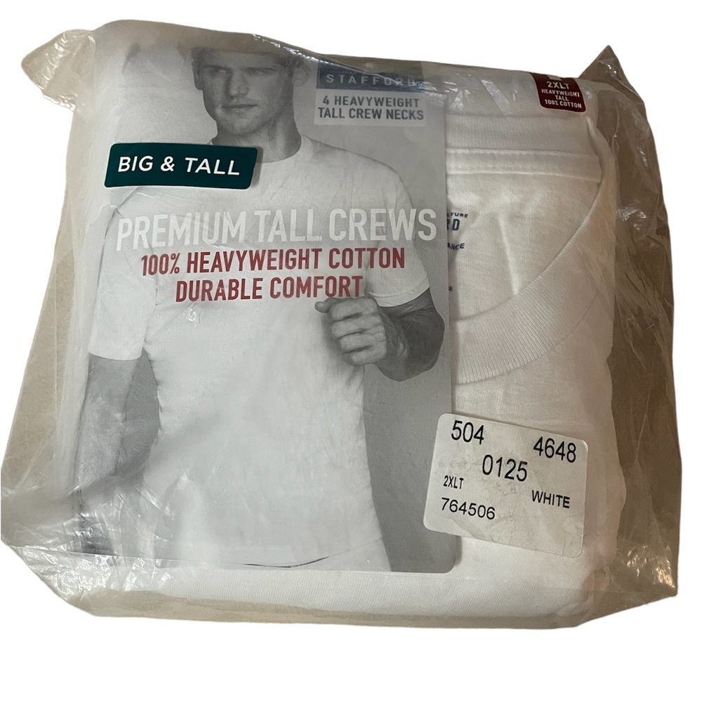 Stafford Big & Tall Heavyweight Crew Neck White T-Shirts 2XLT, 4 new in package